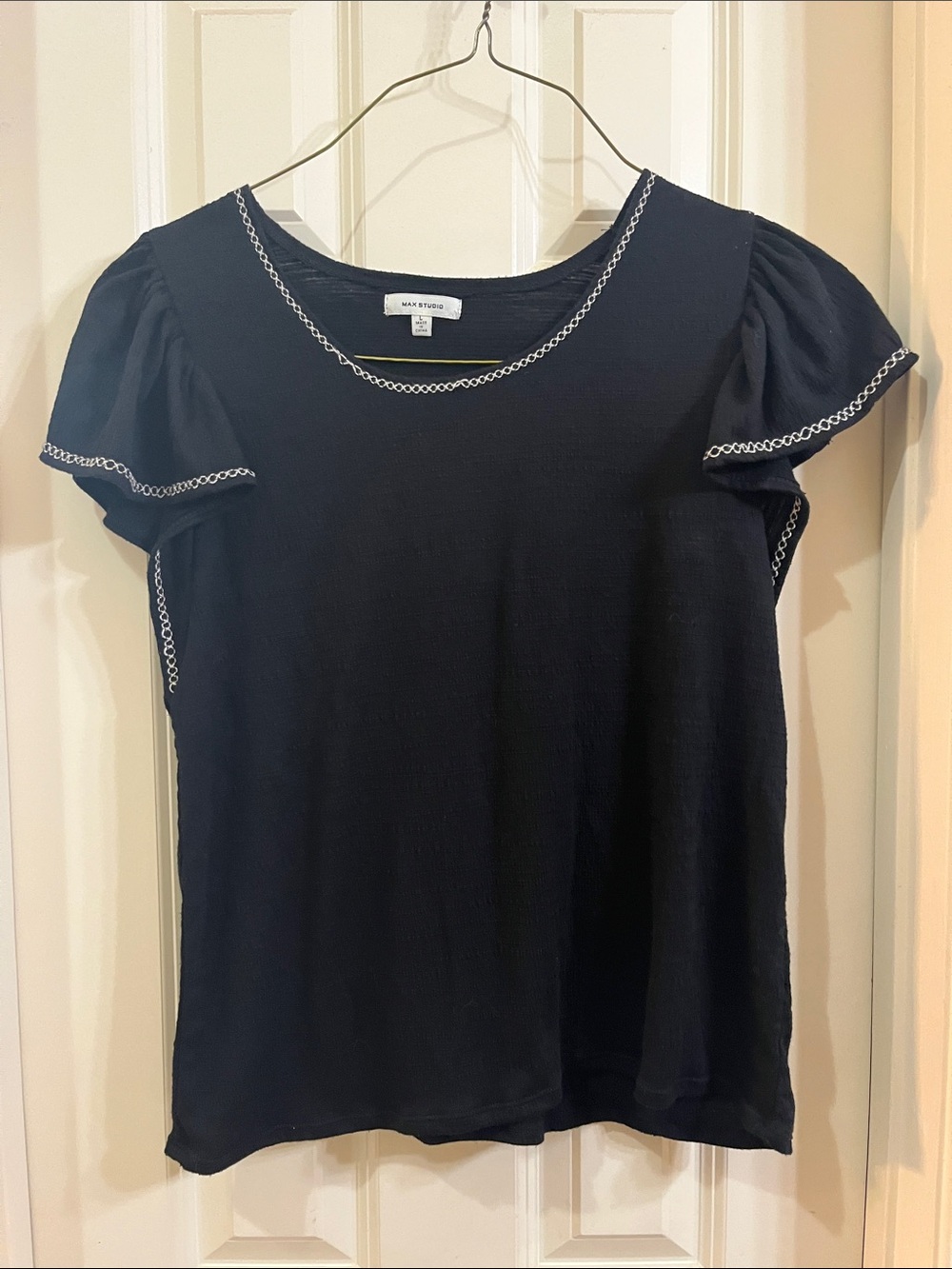 Max Studio Black Short Sleeve Top with Chain-Trim Detail